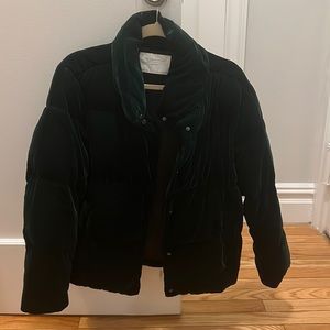 Green velvet puffer jacket